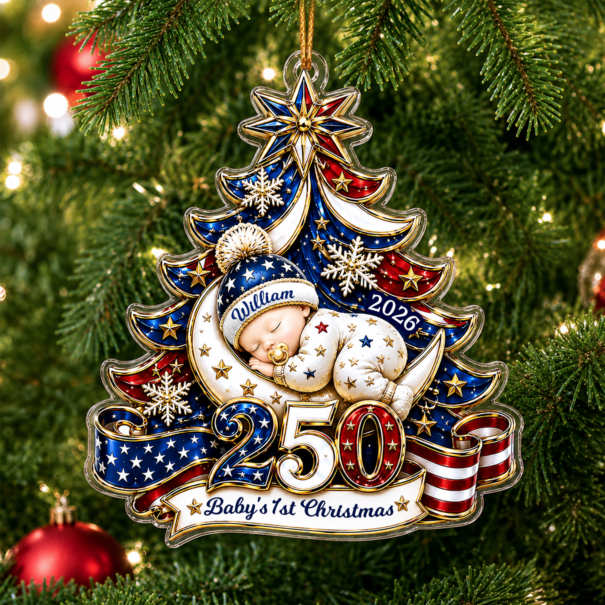Personalized Baby's 1st Christmas America 250th Anniversary Ornament, Newborn Keepsake, New Baby Ornament, Patriotic Ornament