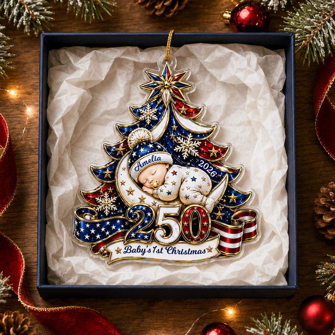 Personalized Baby's 1st Christmas America 250th Anniversary Ornament, Newborn Keepsake, New Baby Ornament, Patriotic Ornament