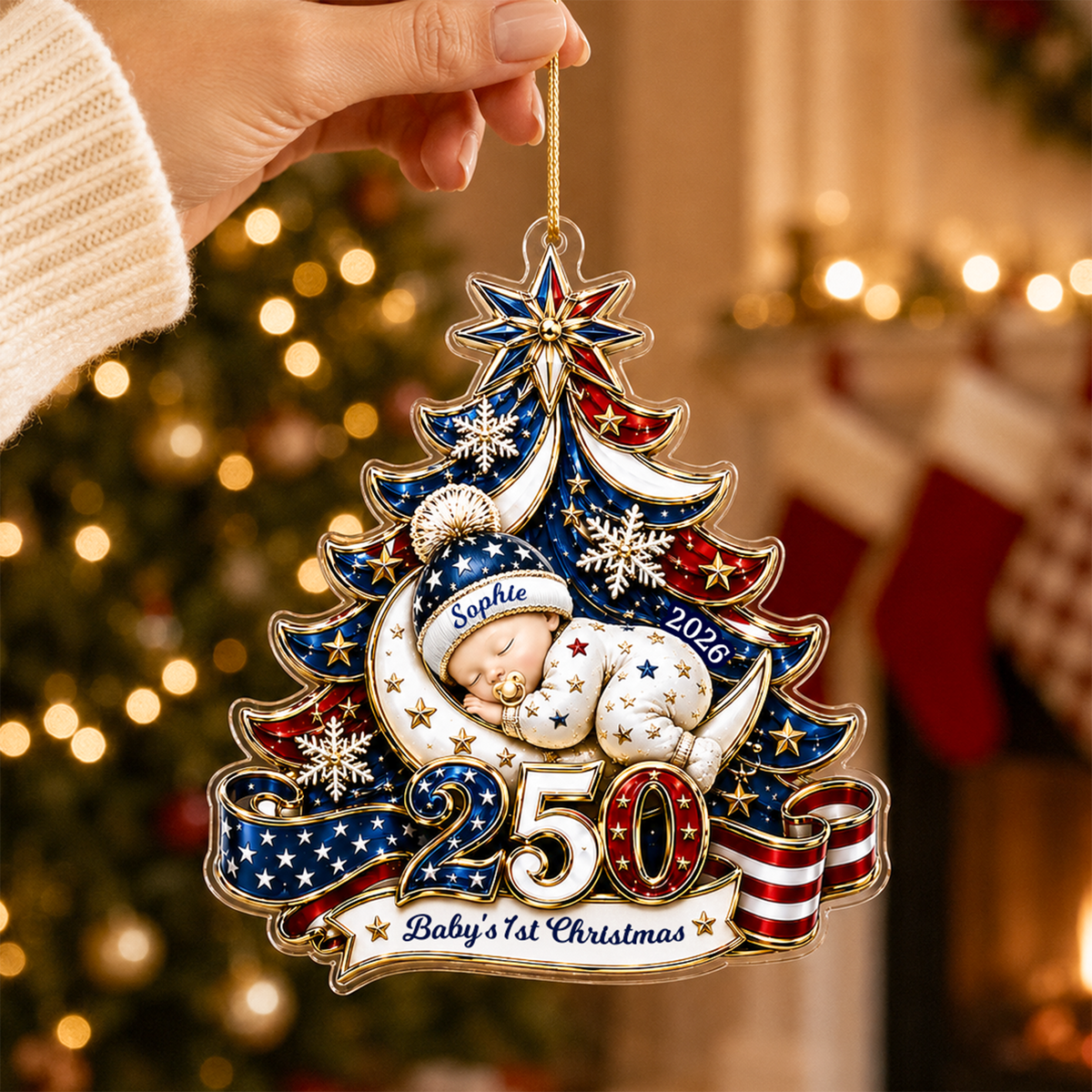 Personalized Baby's 1st Christmas America 250th Anniversary Ornament, Newborn Keepsake, New Baby Ornament, Patriotic Ornament