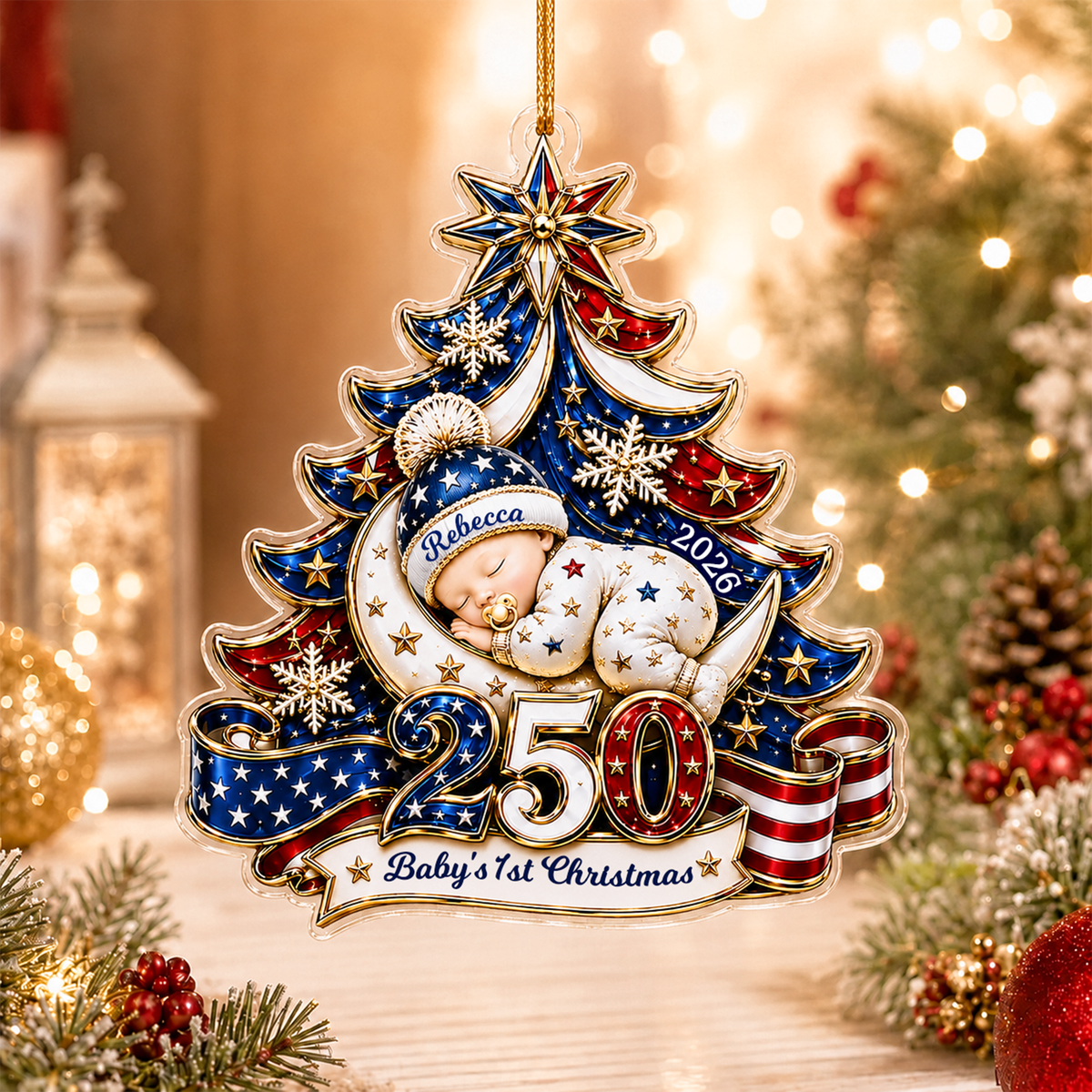 Personalized Baby's 1st Christmas America 250th Anniversary Ornament, Newborn Keepsake, New Baby Ornament, Patriotic Ornament