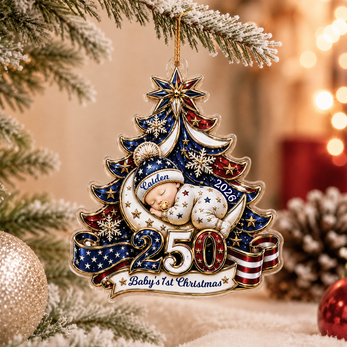 Personalized Baby's 1st Christmas America 250th Anniversary Ornament, Newborn Keepsake, New Baby Ornament, Patriotic Ornament