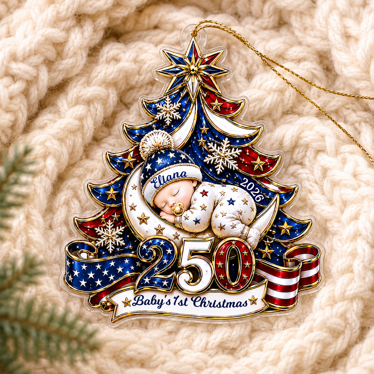 Personalized Baby's 1st Christmas America 250th Anniversary Ornament, Newborn Keepsake, New Baby Ornament, Patriotic Ornament