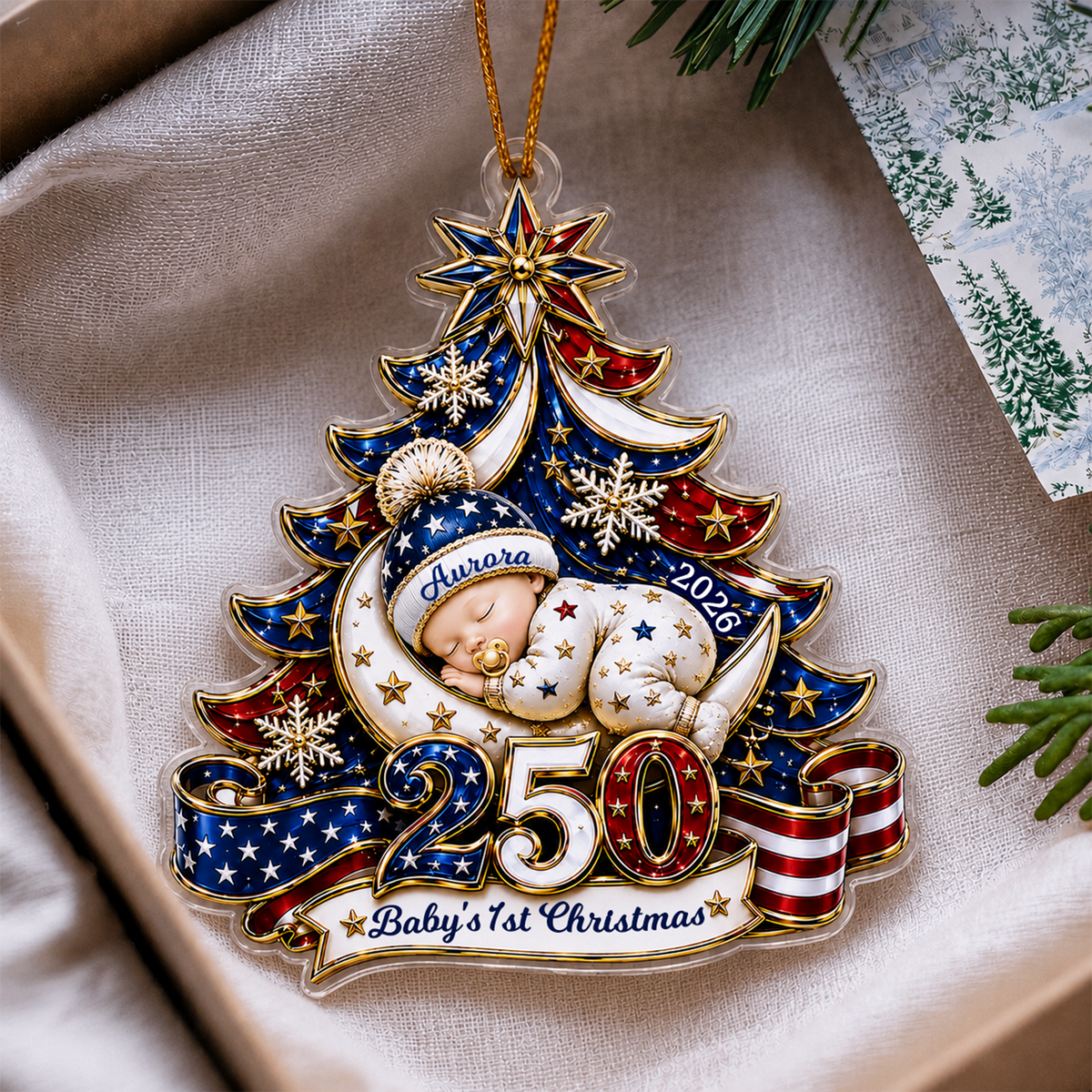 Personalized Baby's 1st Christmas America 250th Anniversary Ornament, Newborn Keepsake, New Baby Ornament, Patriotic Ornament