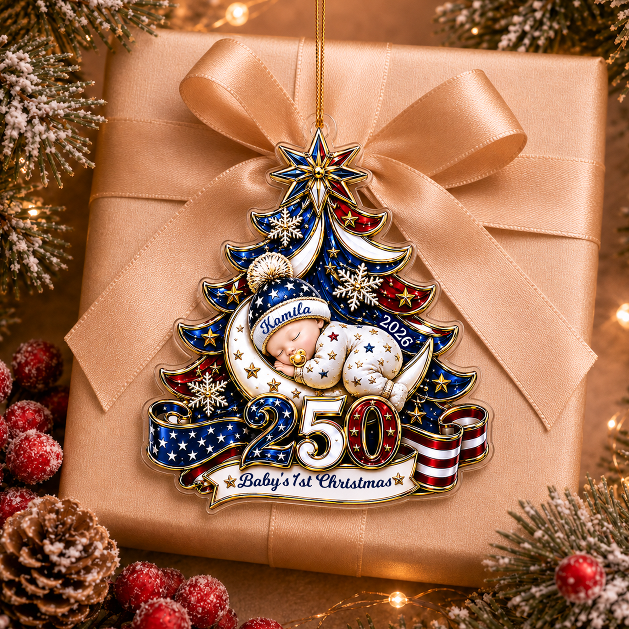Personalized Baby's 1st Christmas America 250th Anniversary Ornament, Newborn Keepsake, New Baby Ornament, Patriotic Ornament