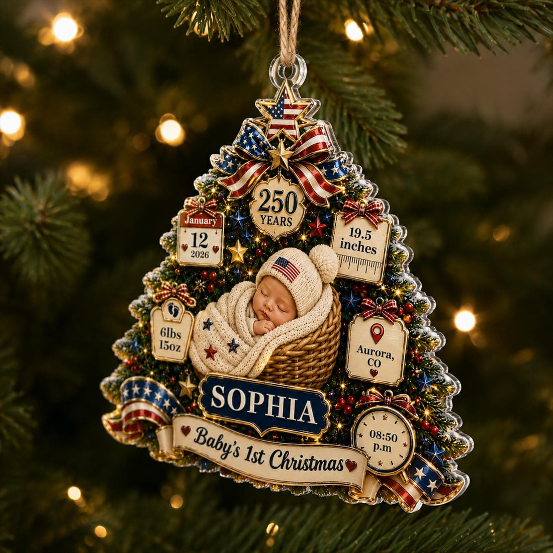 Personalized Baby's 1st Christmas America 250th Anniversary Ornament, Newborn Keepsake, New Baby Ornament, Patriotic Ornament,Christmas Tree