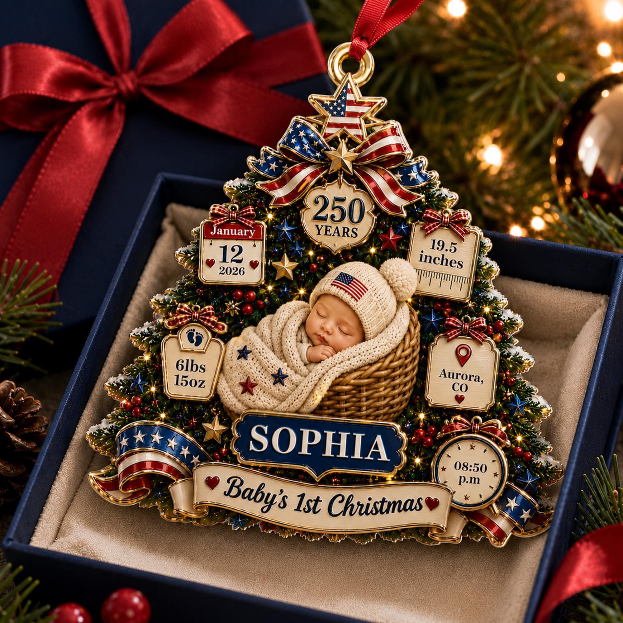 Personalized Baby's 1st Christmas America 250th Anniversary Ornament, Newborn Keepsake, New Baby Ornament, Patriotic Ornament,Christmas Tree
