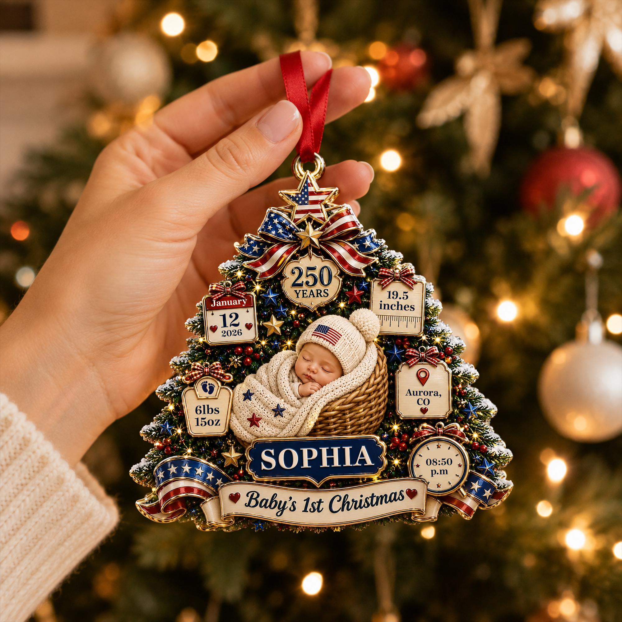 Personalized Baby's 1st Christmas America 250th Anniversary Ornament, Newborn Keepsake, New Baby Ornament, Patriotic Ornament,Christmas Tree