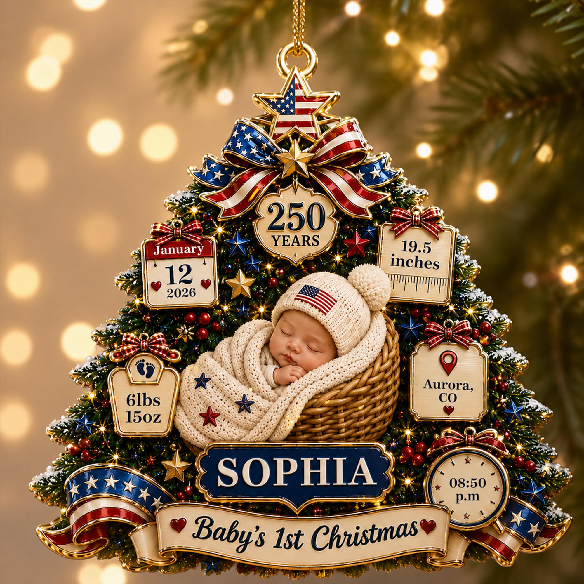 Personalized Baby's 1st Christmas America 250th Anniversary Ornament, Newborn Keepsake, New Baby Ornament, Patriotic Ornament,Christmas Tree