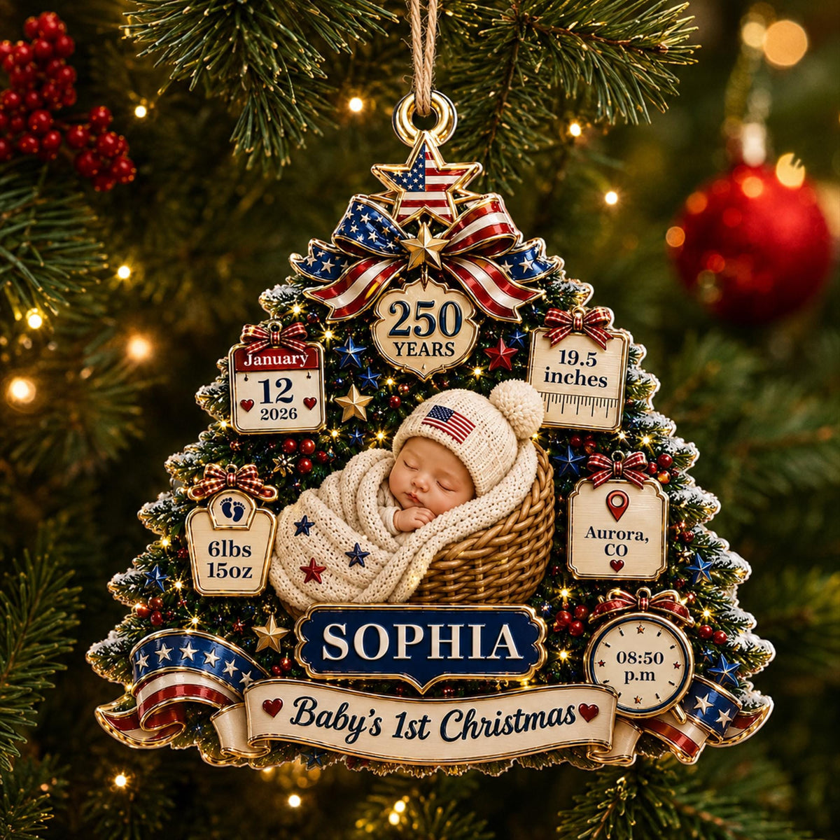 Personalized Baby's 1st Christmas America 250th Anniversary Ornament, Newborn Keepsake, New Baby Ornament, Patriotic Ornament,Christmas Tree